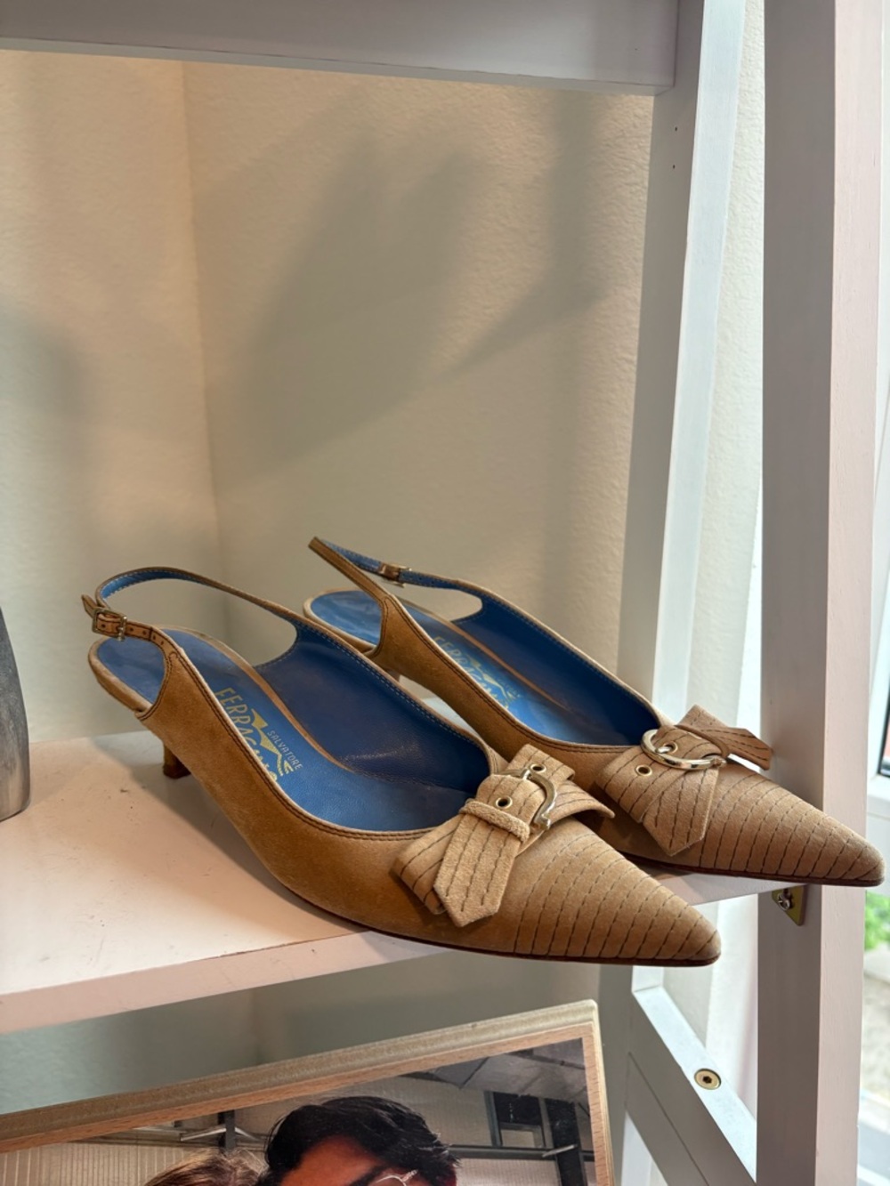 Salvatore Ferragamo Tan Suede Pointed Slingback Heels with Blue Lining